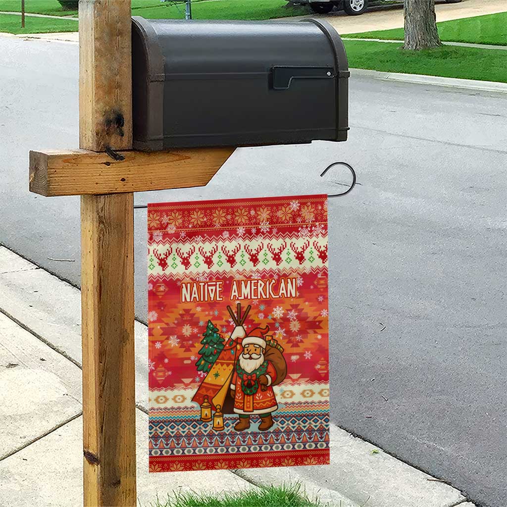 Native American Christmas Garden Flag with Red & Orange Geometric Pattern Santa Claus and Teepee Motif - Wonder Print Shop
