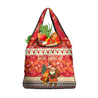 Native American Christmas Grocery Bag with Red & Orange Geometric Pattern Santa Claus and Teepee Motif - Wonder Print Shop