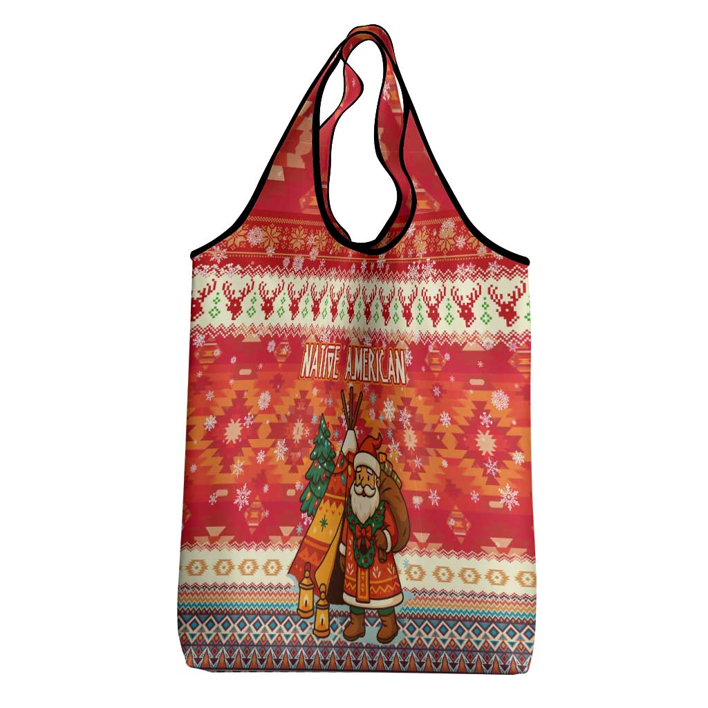 Native American Christmas Grocery Bag with Red & Orange Geometric Pattern Santa Claus and Teepee Motif - Wonder Print Shop