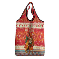 Native American Christmas Grocery Bag with Red & Orange Geometric Pattern Santa Claus and Teepee Motif - Wonder Print Shop