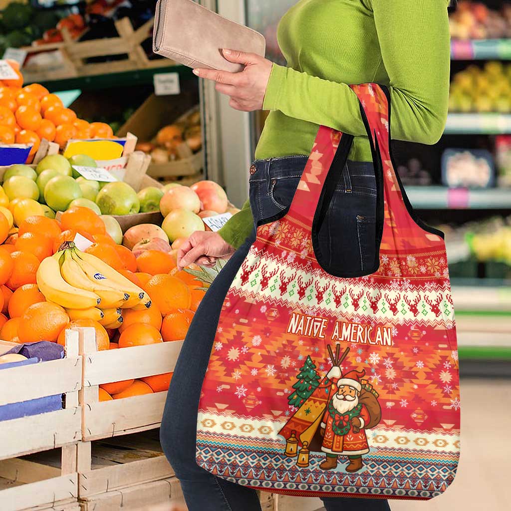 Native American Christmas Grocery Bag with Red & Orange Geometric Pattern Santa Claus and Teepee Motif - Wonder Print Shop