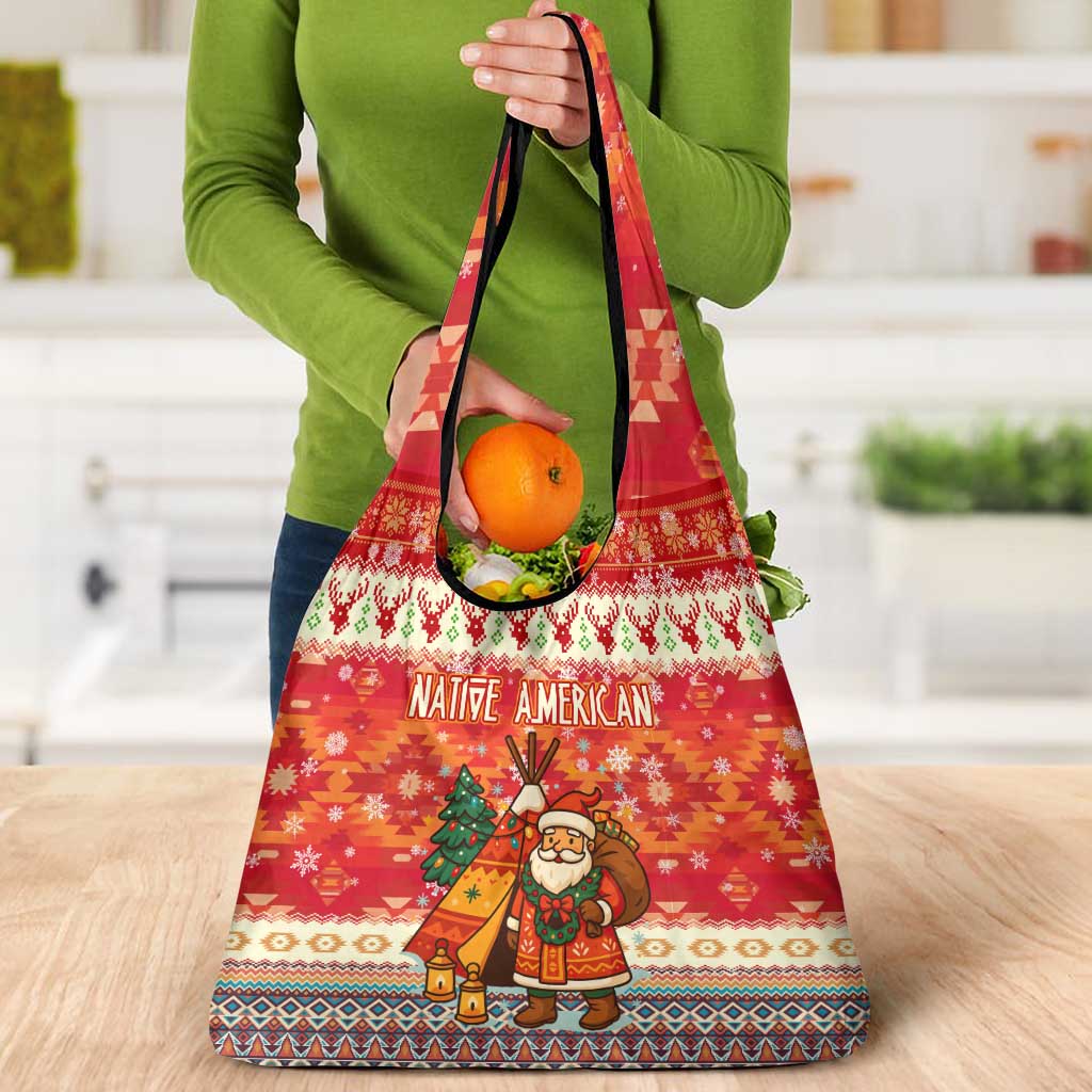 Native American Christmas Grocery Bag with Red & Orange Geometric Pattern Santa Claus and Teepee Motif - Wonder Print Shop