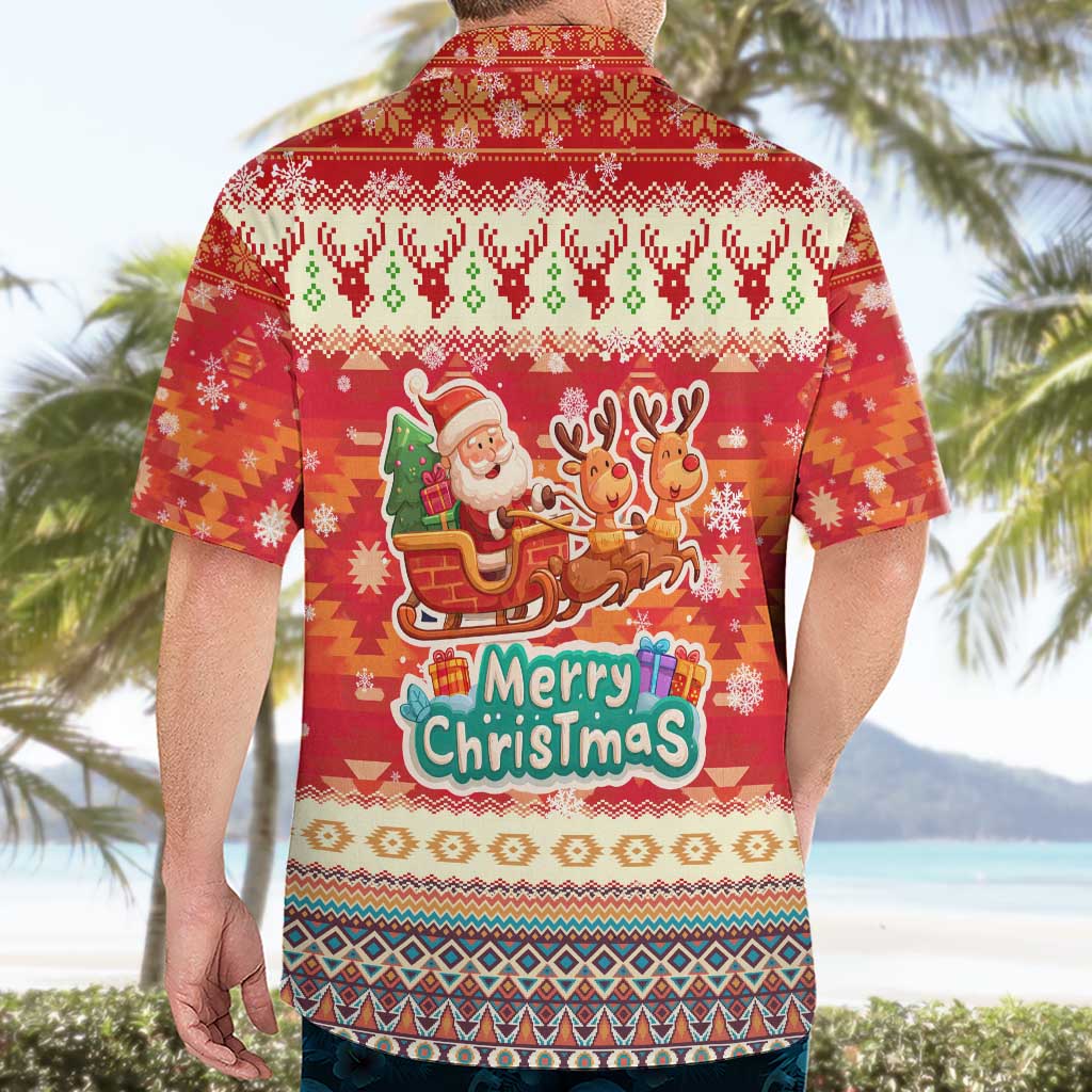 Native American Christmas Hawaiian Shirt with Red & Orange Geometric Pattern Santa Claus and Teepee Motif - Wonder Print Shop