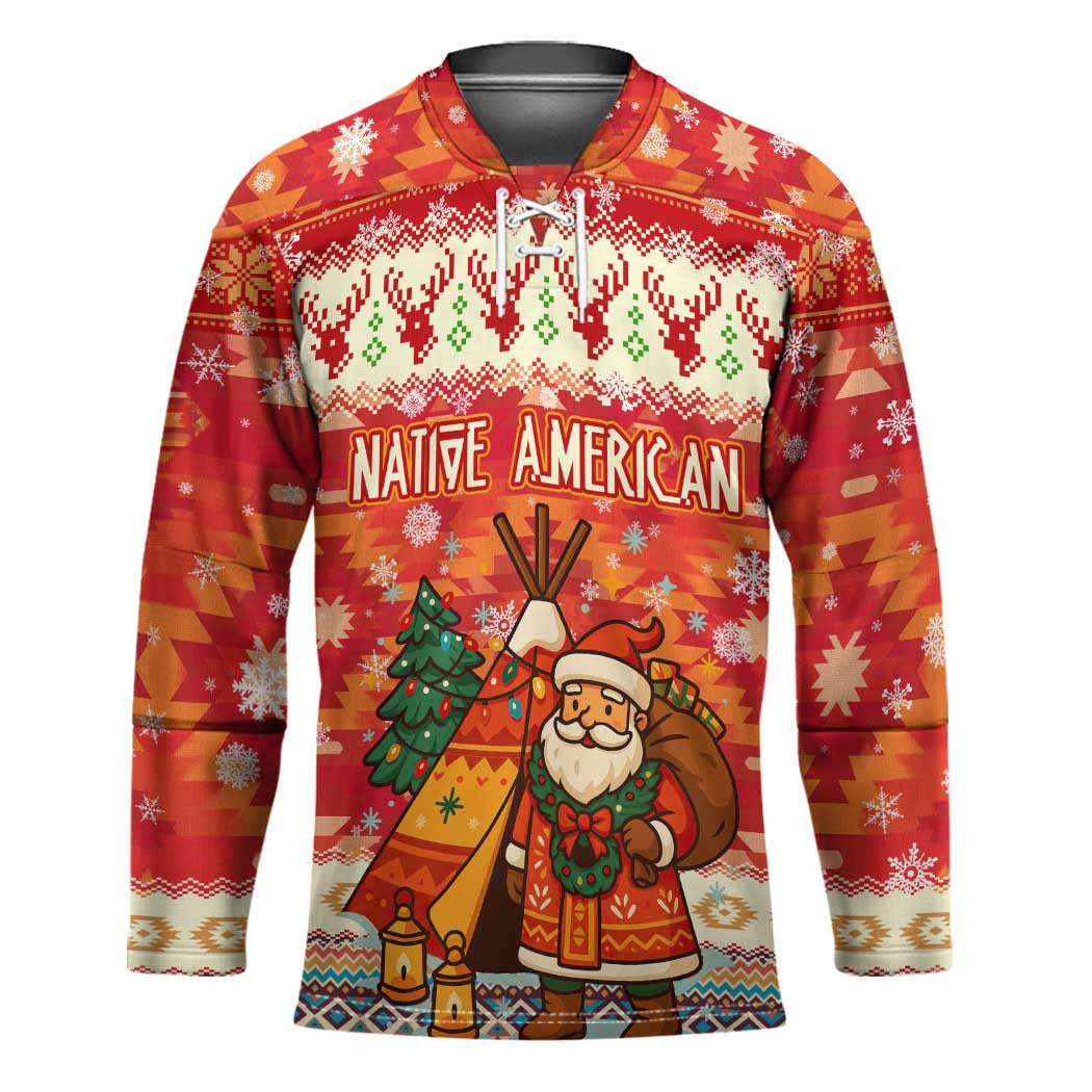 Native American Christmas Hockey Jersey with Red & Orange Geometric Pattern Santa Claus and Teepee Motif - Wonder Print Shop