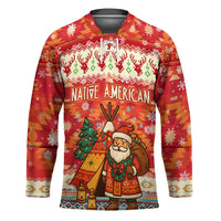 Native American Christmas Hockey Jersey with Red & Orange Geometric Pattern Santa Claus and Teepee Motif - Wonder Print Shop