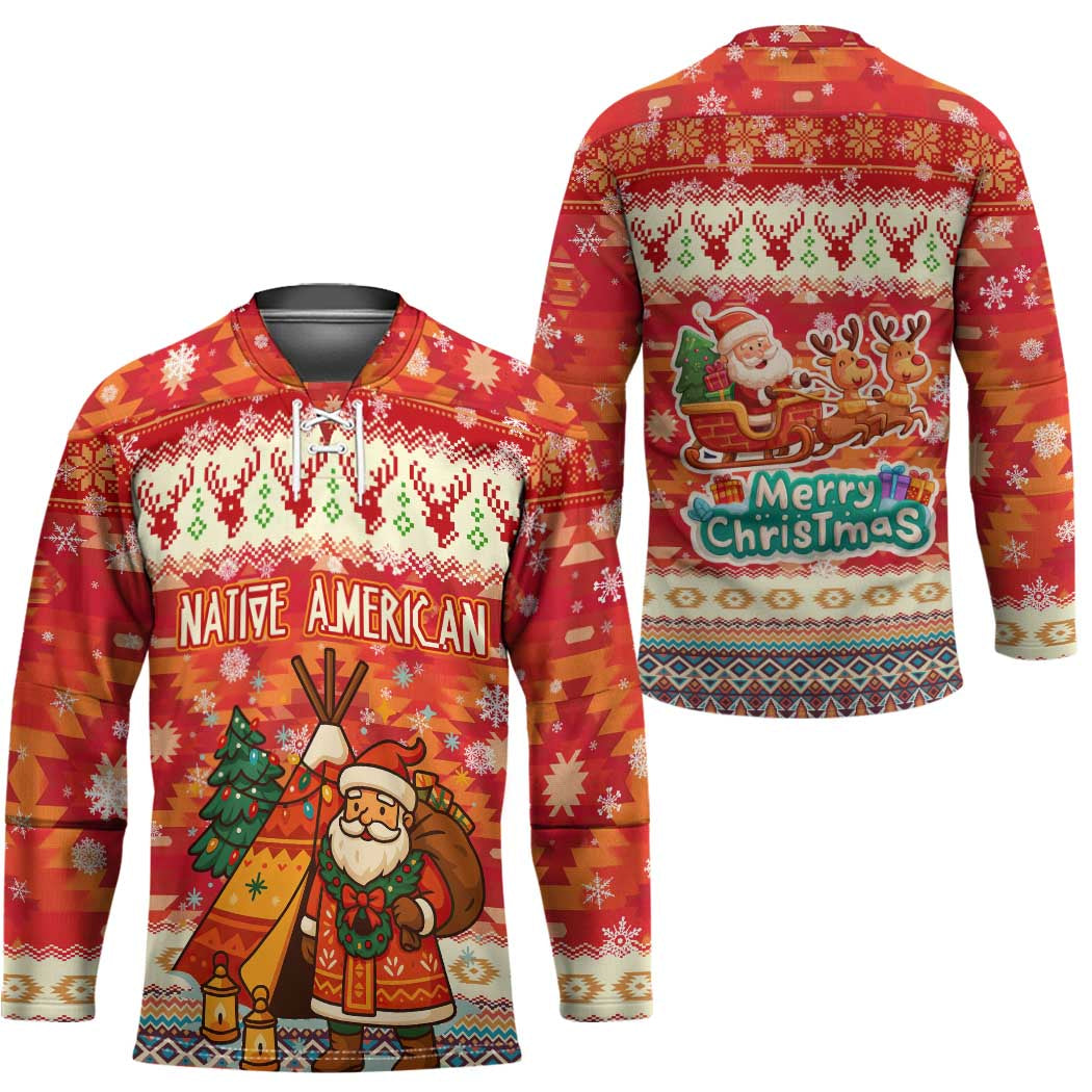 Native American Christmas Hockey Jersey with Red & Orange Geometric Pattern Santa Claus and Teepee Motif - Wonder Print Shop