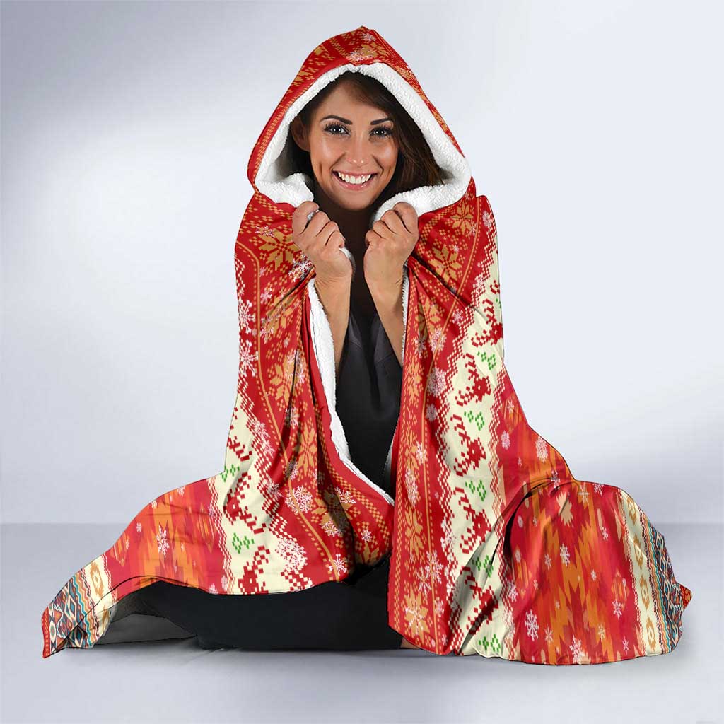 Native American Christmas Hooded Blanket with Red & Orange Geometric Pattern Santa Claus and Teepee Motif - Wonder Print Shop