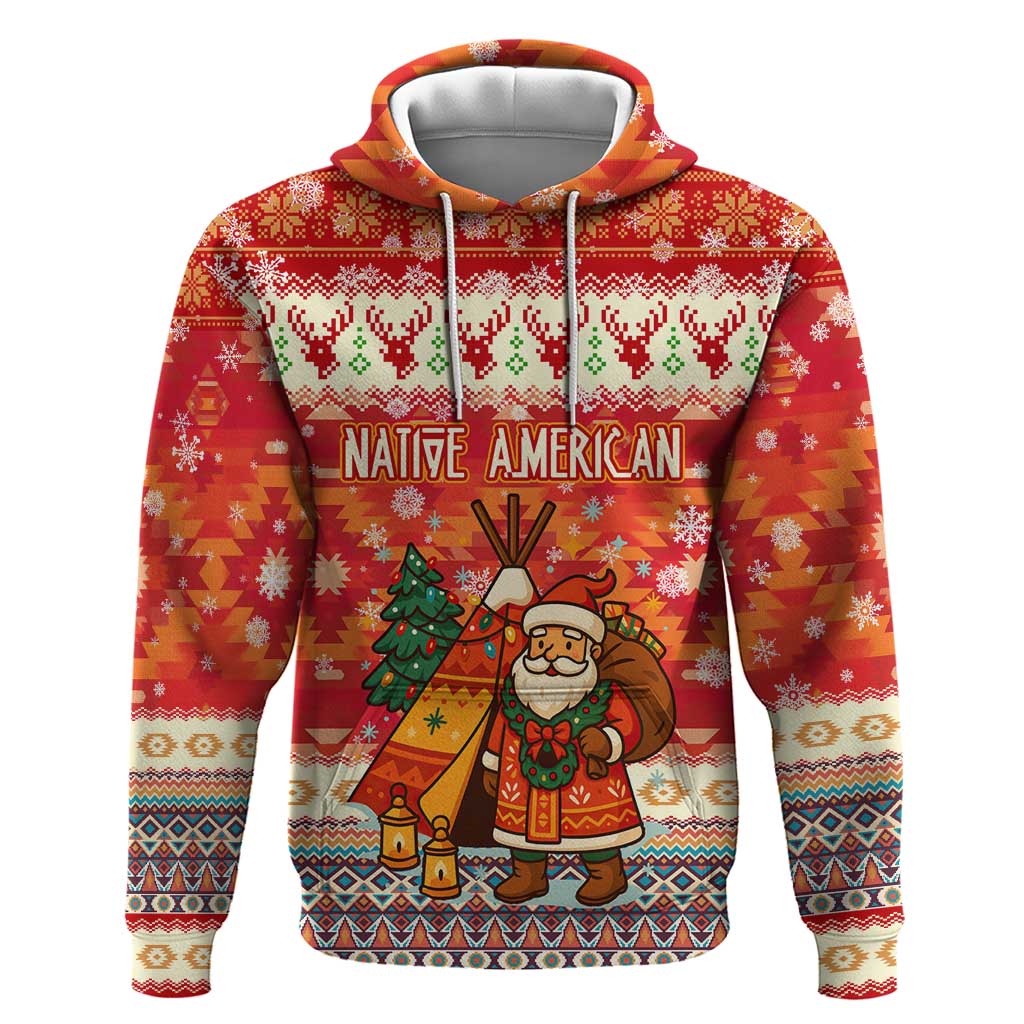 Native American Christmas Hoodie with Red & Orange Geometric Pattern Santa Claus and Teepee Motif - Wonder Print Shop