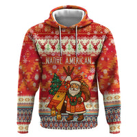 Native American Christmas Hoodie with Red & Orange Geometric Pattern Santa Claus and Teepee Motif - Wonder Print Shop