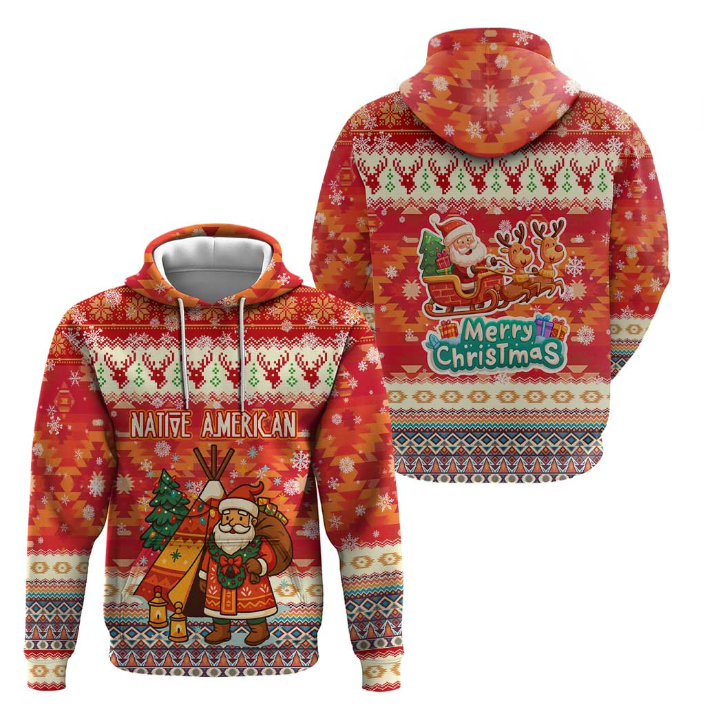 Native American Christmas Hoodie with Red & Orange Geometric Pattern Santa Claus and Teepee Motif - Wonder Print Shop