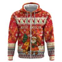 Native American Christmas Hoodie with Red & Orange Geometric Pattern Santa Claus and Teepee Motif - Wonder Print Shop