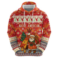 Native American Christmas Hoodie with Red & Orange Geometric Pattern Santa Claus and Teepee Motif - Wonder Print Shop