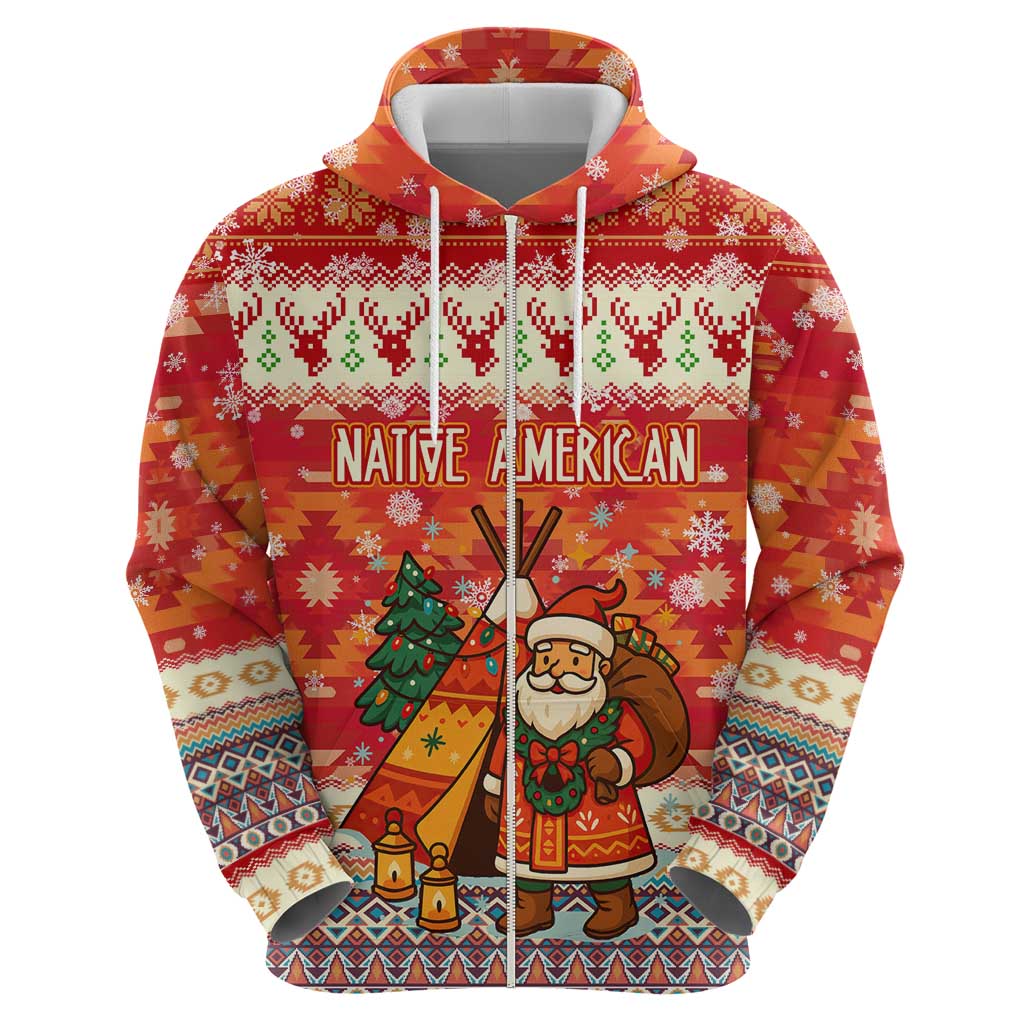 Native American Christmas Hoodie with Red & Orange Geometric Pattern Santa Claus and Teepee Motif - Wonder Print Shop
