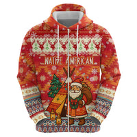 Native American Christmas Hoodie with Red & Orange Geometric Pattern Santa Claus and Teepee Motif - Wonder Print Shop