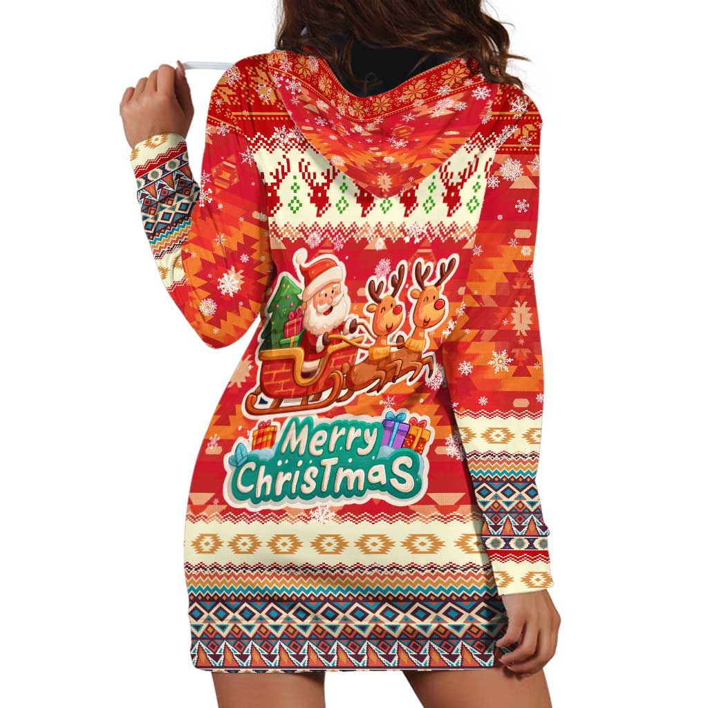 Native American Christmas Hoodie Dress with Red & Orange Geometric Pattern Santa Claus and Teepee Motif - Wonder Print Shop