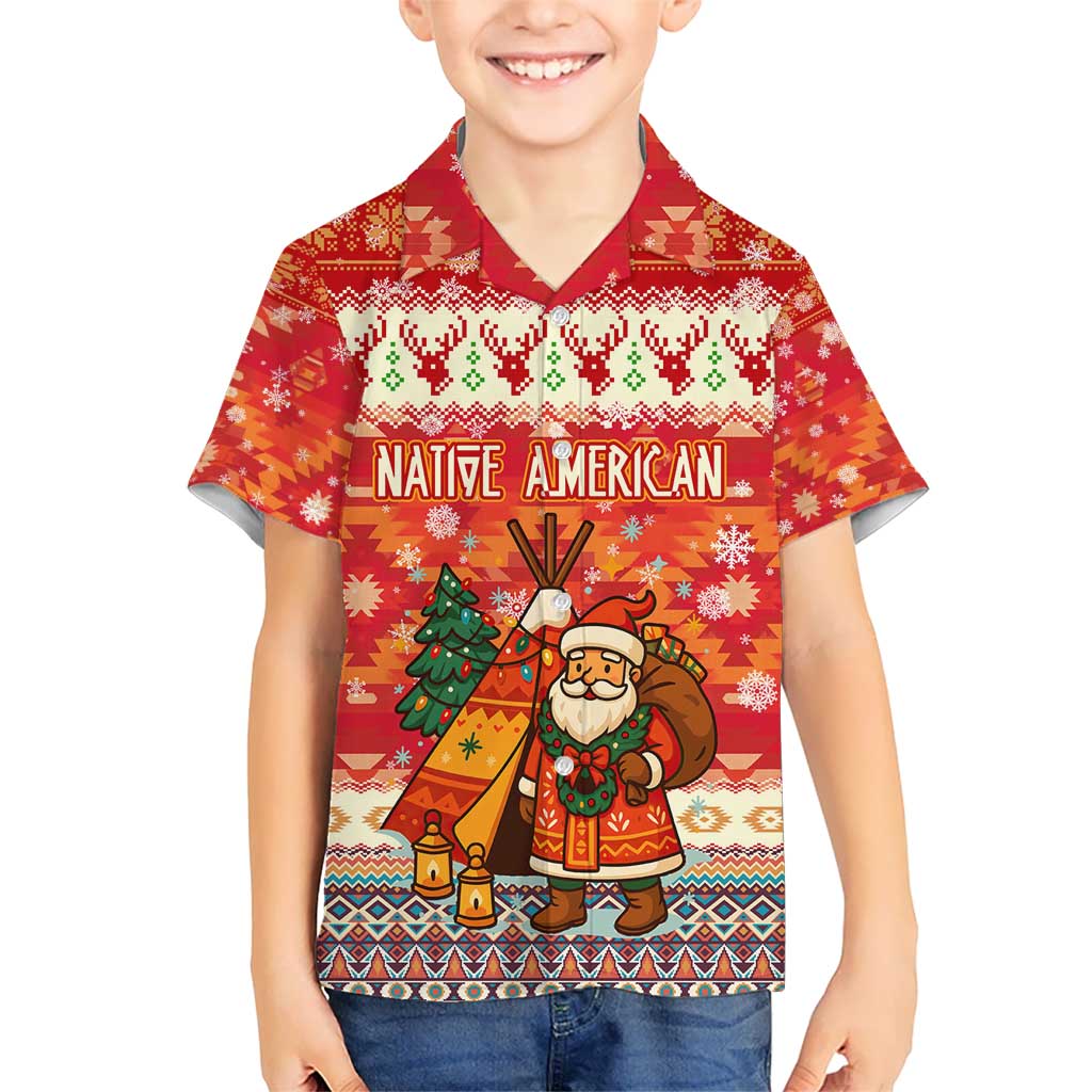 Native American Christmas Kid Hawaiian Shirt with Red & Orange Geometric Pattern Santa Claus and Teepee Motif - Wonder Print Shop