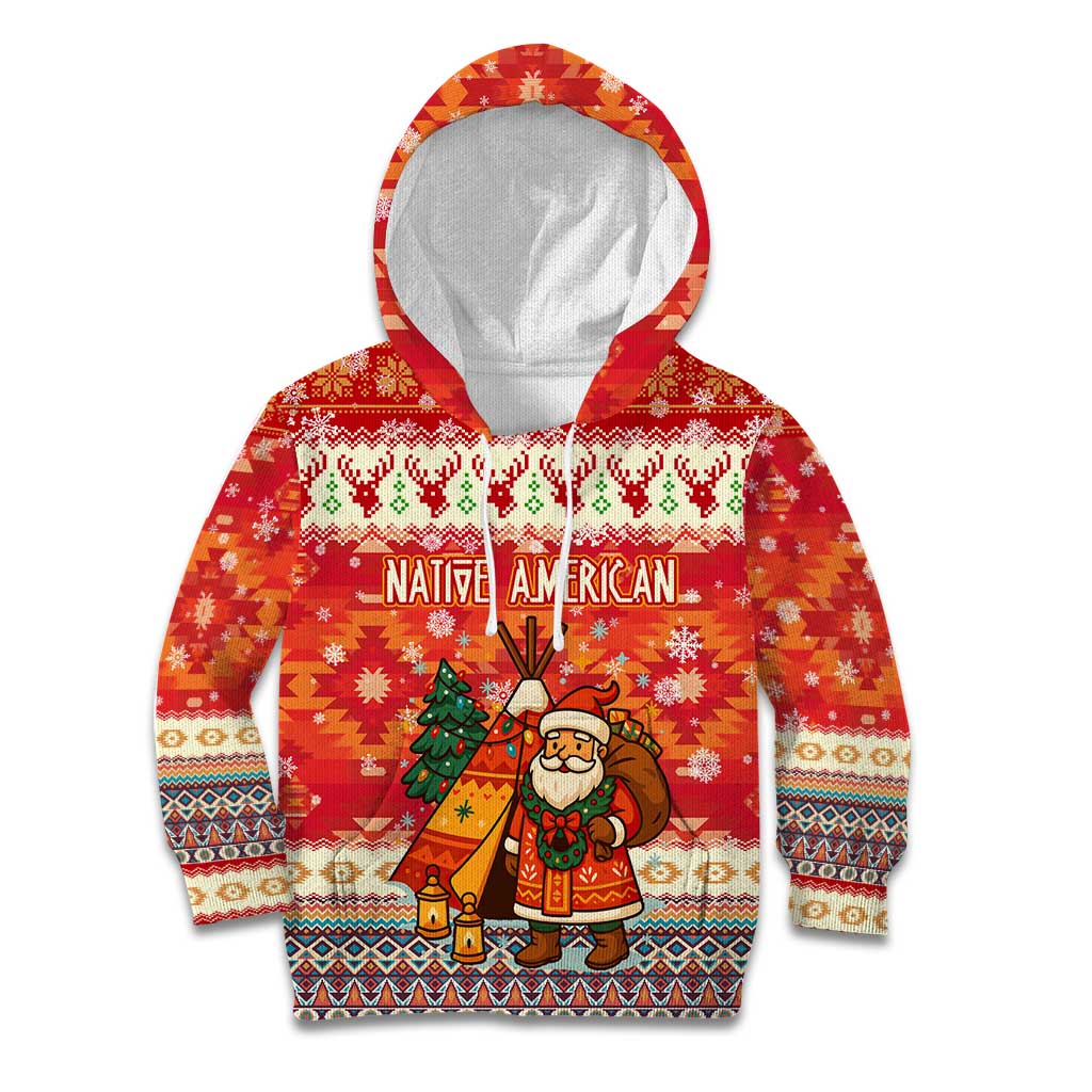 Native American Christmas Kid Hoodie with Red & Orange Geometric Pattern Santa Claus and Teepee Motif - Wonder Print Shop