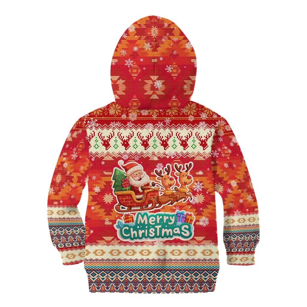 Native American Christmas Kid Hoodie with Red & Orange Geometric Pattern Santa Claus and Teepee Motif - Wonder Print Shop