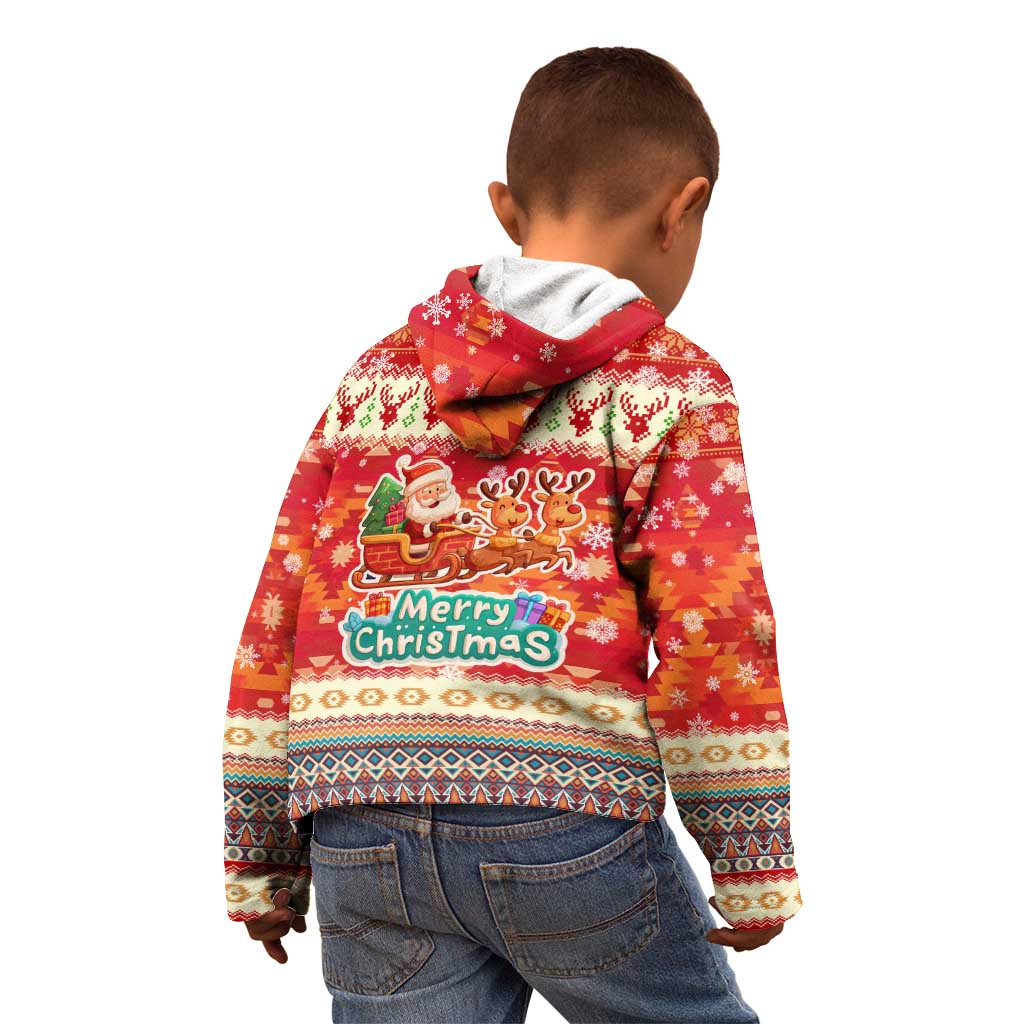 Native American Christmas Kid Hoodie with Red & Orange Geometric Pattern Santa Claus and Teepee Motif - Wonder Print Shop