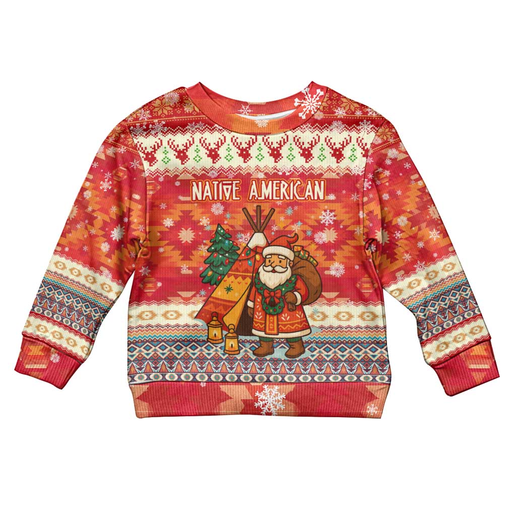 Native American Christmas Kid Ugly Christmas Sweater with Red & Orange Geometric Pattern Santa Claus and Teepee Motif - Wonder Print Shop