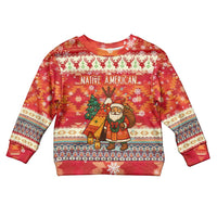Native American Christmas Kid Ugly Christmas Sweater with Red & Orange Geometric Pattern Santa Claus and Teepee Motif - Wonder Print Shop
