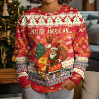 Native American Christmas Kid Ugly Christmas Sweater with Red & Orange Geometric Pattern Santa Claus and Teepee Motif - Wonder Print Shop
