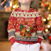 Native American Christmas Kid Ugly Christmas Sweater with Red & Orange Geometric Pattern Santa Claus and Teepee Motif - Wonder Print Shop