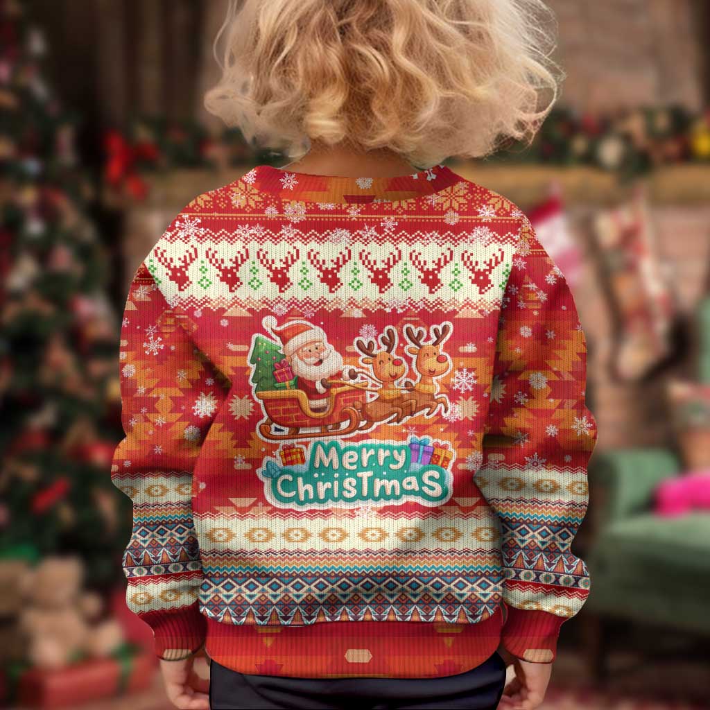 Native American Christmas Kid Ugly Christmas Sweater with Red & Orange Geometric Pattern Santa Claus and Teepee Motif - Wonder Print Shop