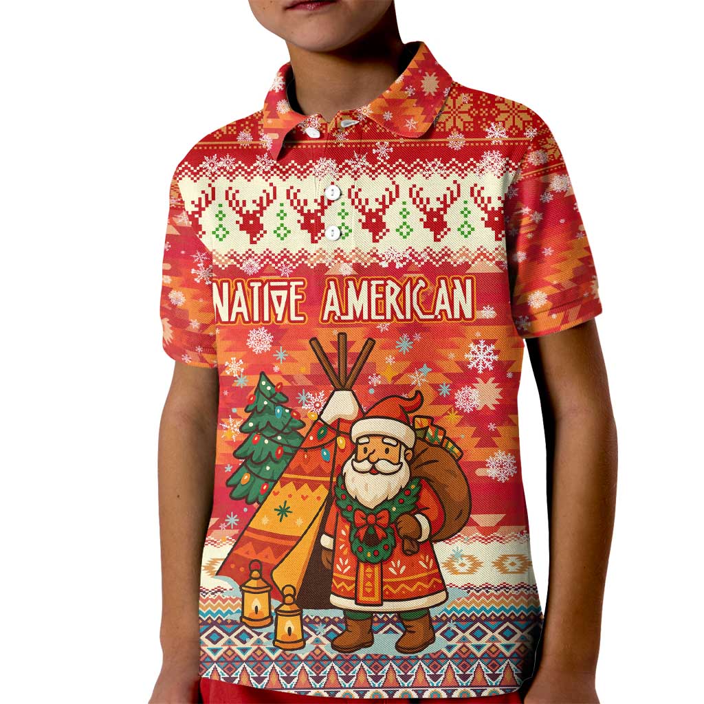 Native American Christmas Kid Polo Shirt with Red & Orange Geometric Pattern Santa Claus and Teepee Motif - Wonder Print Shop