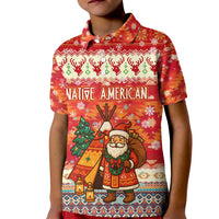 Native American Christmas Kid Polo Shirt with Red & Orange Geometric Pattern Santa Claus and Teepee Motif - Wonder Print Shop