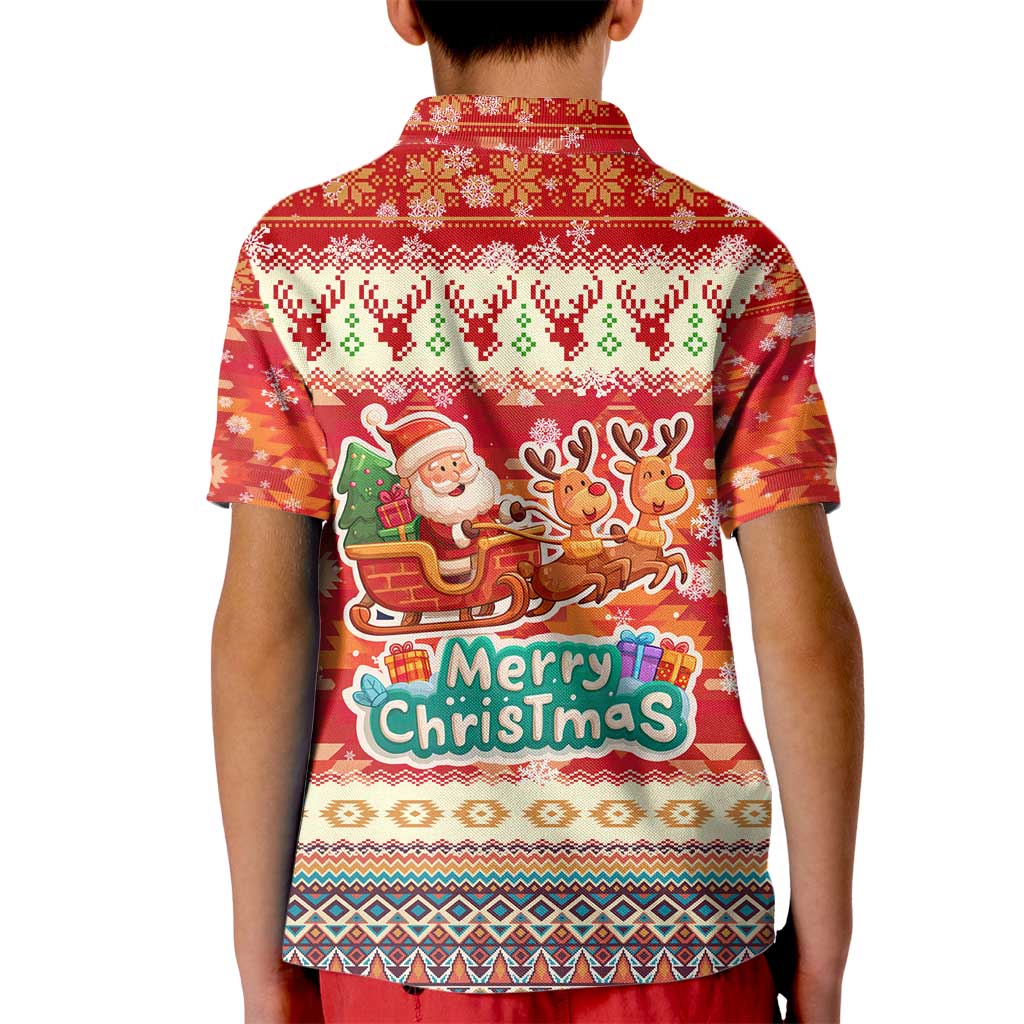 Native American Christmas Kid Polo Shirt with Red & Orange Geometric Pattern Santa Claus and Teepee Motif - Wonder Print Shop