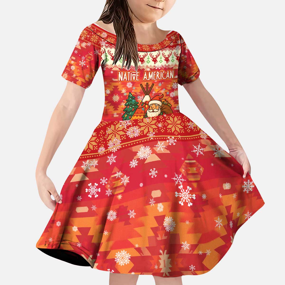 Native American Christmas Kid Short Sleeve Dress with Red & Orange Geometric Pattern Santa Claus and Teepee Motif - Wonder Print Shop