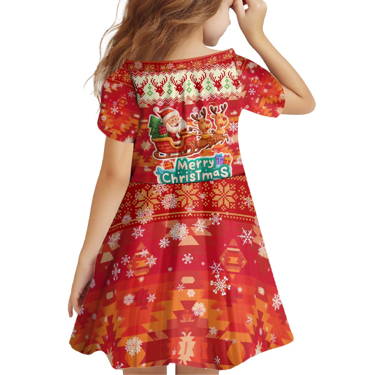 Native American Christmas Kid Short Sleeve Dress with Red & Orange Geometric Pattern Santa Claus and Teepee Motif - Wonder Print Shop