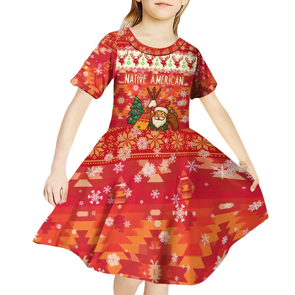 Native American Christmas Kid Short Sleeve Dress with Red & Orange Geometric Pattern Santa Claus and Teepee Motif - Wonder Print Shop