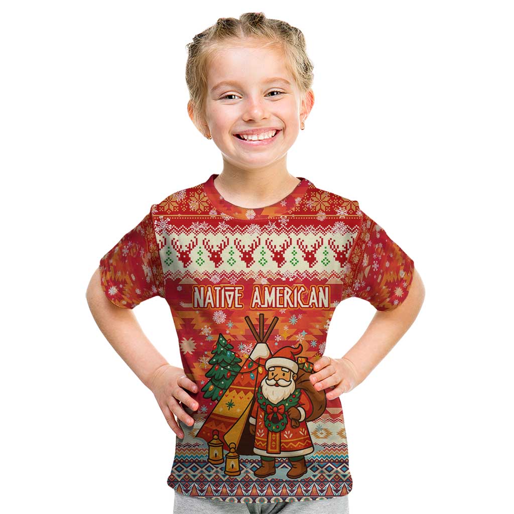 Native American Christmas Kid T Shirt with Red & Orange Geometric Pattern Santa Claus and Teepee Motif - Wonder Print Shop