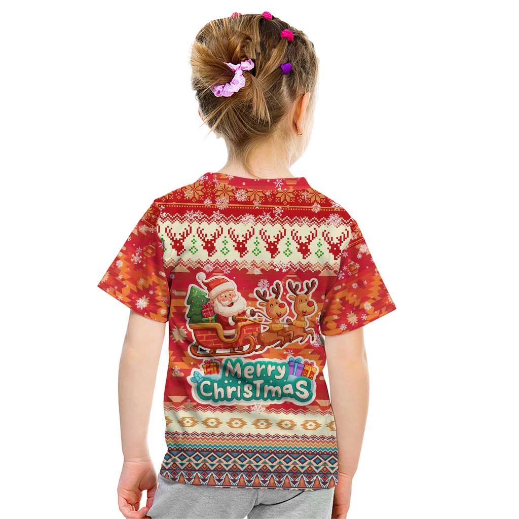 Native American Christmas Kid T Shirt with Red & Orange Geometric Pattern Santa Claus and Teepee Motif - Wonder Print Shop