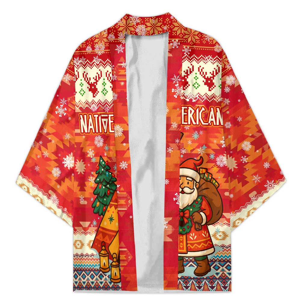 Native American Christmas Kimono with Red & Orange Geometric Pattern Santa Claus and Teepee Motif - Wonder Print Shop