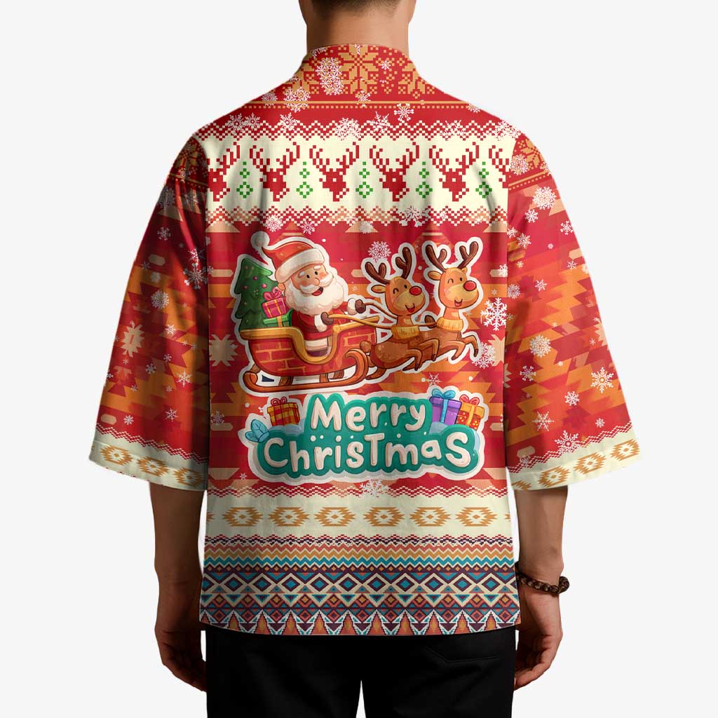 Native American Christmas Kimono with Red & Orange Geometric Pattern Santa Claus and Teepee Motif - Wonder Print Shop