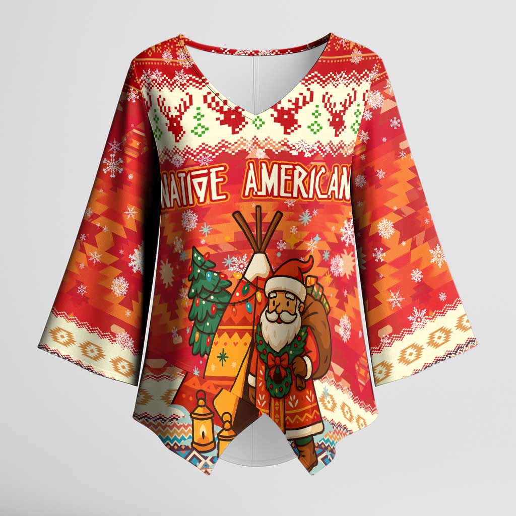Native American Christmas Kimono Sleeve Blouse with Red & Orange Geometric Pattern Santa Claus and Teepee Motif - Wonder Print Shop