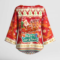 Native American Christmas Kimono Sleeve Blouse with Red & Orange Geometric Pattern Santa Claus and Teepee Motif - Wonder Print Shop
