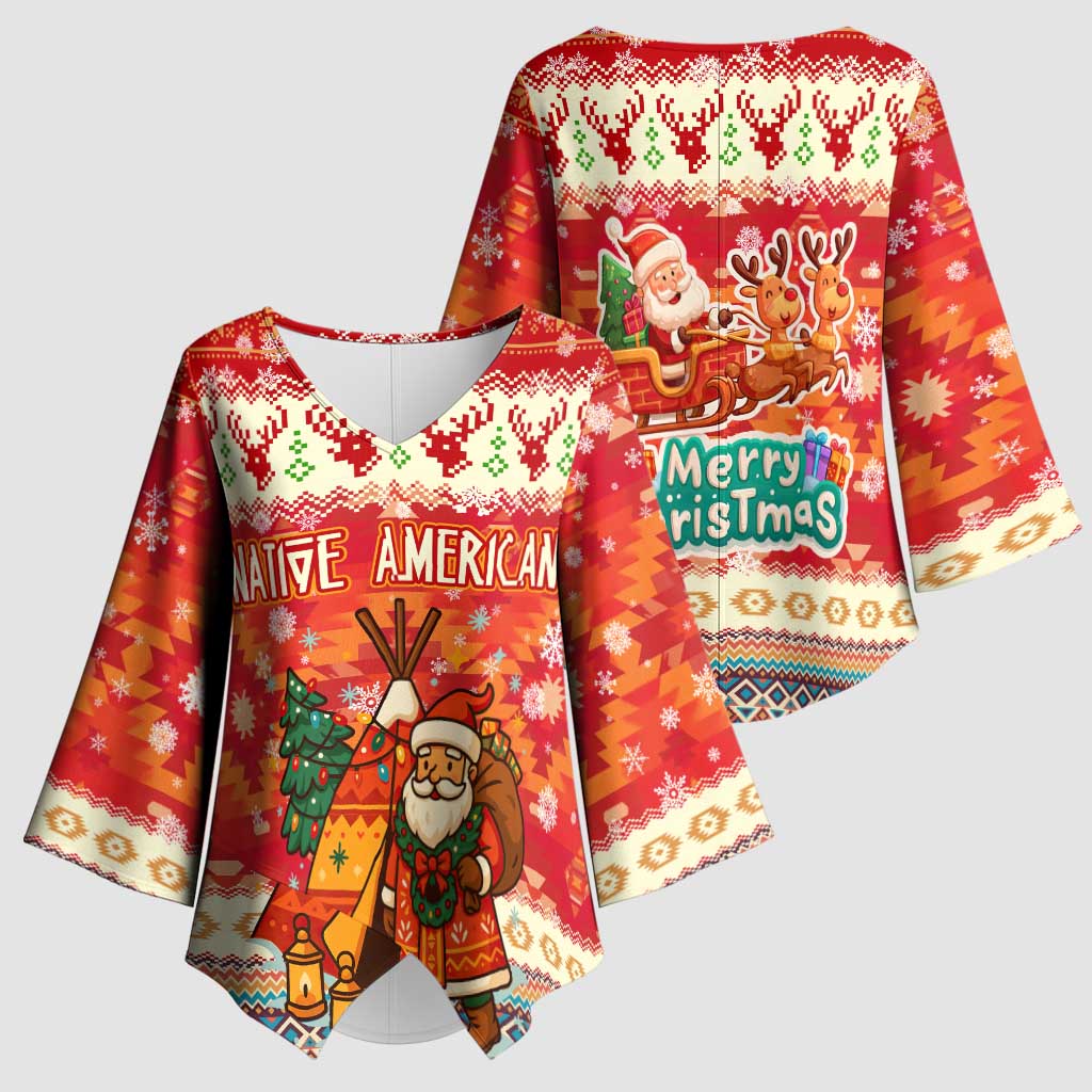 Native American Christmas Kimono Sleeve Blouse with Red & Orange Geometric Pattern Santa Claus and Teepee Motif - Wonder Print Shop