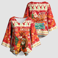 Native American Christmas Kimono Sleeve Blouse with Red & Orange Geometric Pattern Santa Claus and Teepee Motif - Wonder Print Shop
