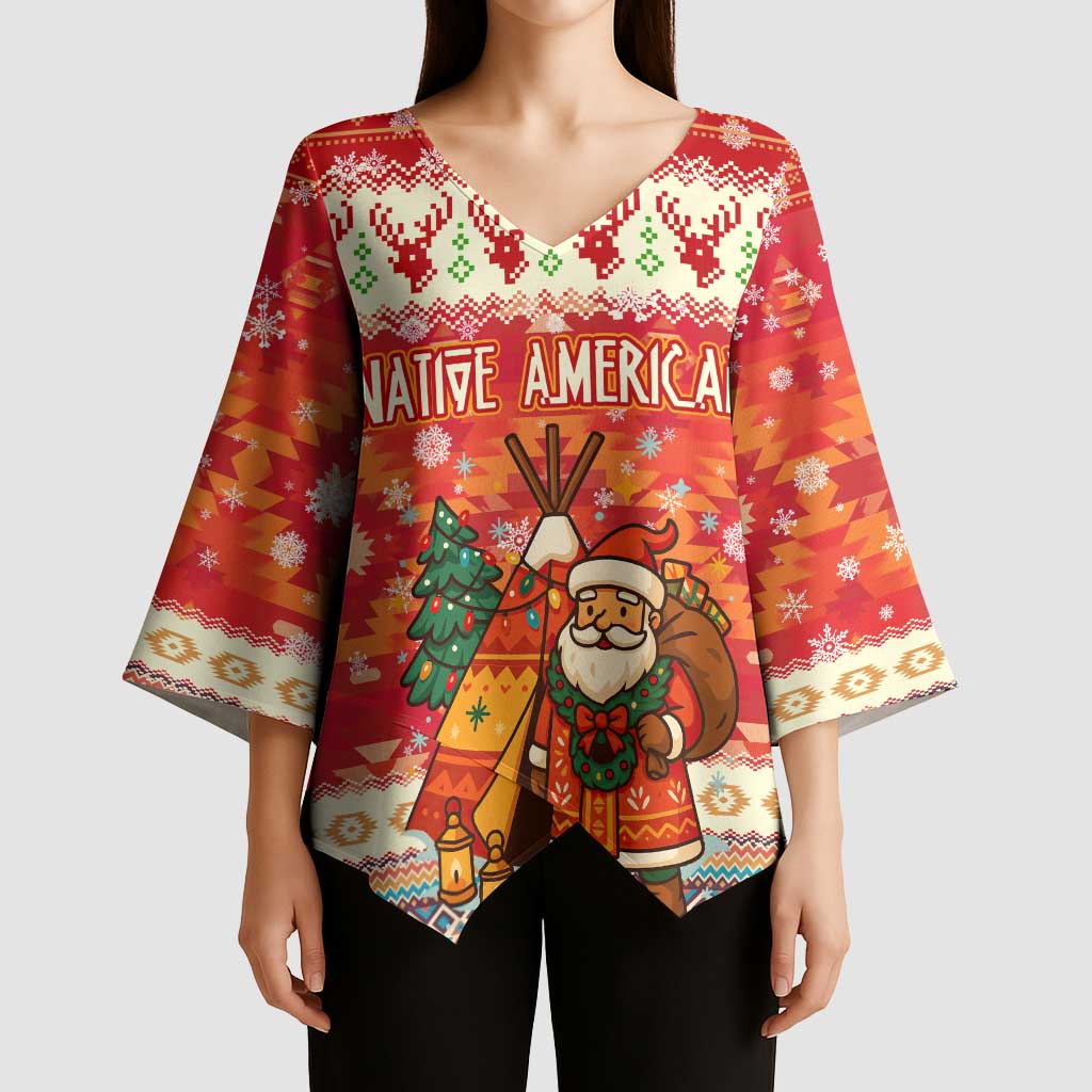 Native American Christmas Kimono Sleeve Blouse with Red & Orange Geometric Pattern Santa Claus and Teepee Motif - Wonder Print Shop