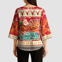 Native American Christmas Kimono Sleeve Blouse with Red & Orange Geometric Pattern Santa Claus and Teepee Motif - Wonder Print Shop
