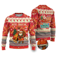 Native American Christmas Ugly Christmas Sweater with Red & Orange Geometric Pattern Santa Claus and Teepee Motif - Wonder Print Shop