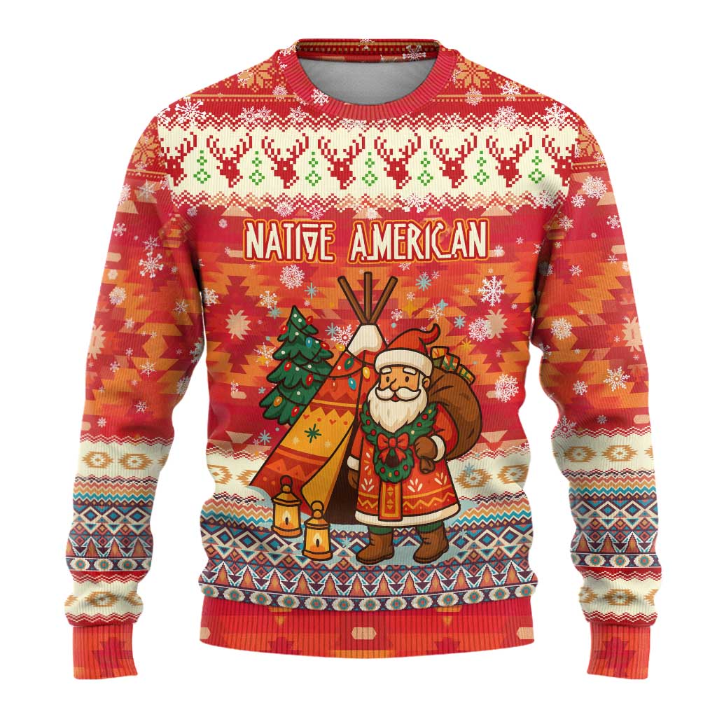 Native American Christmas Ugly Christmas Sweater with Red & Orange Geometric Pattern Santa Claus and Teepee Motif - Wonder Print Shop