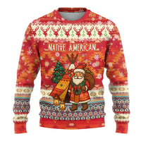 Native American Christmas Ugly Christmas Sweater with Red & Orange Geometric Pattern Santa Claus and Teepee Motif - Wonder Print Shop