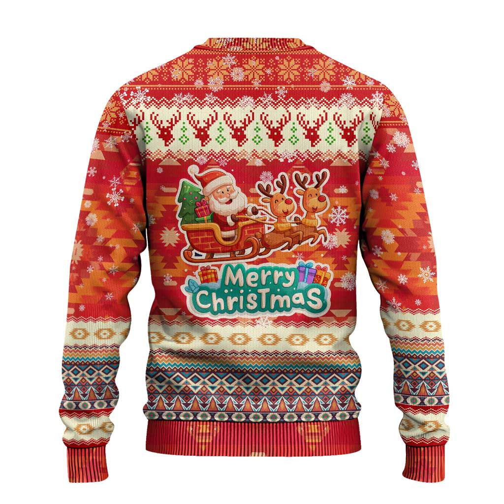 Native American Christmas Ugly Christmas Sweater with Red & Orange Geometric Pattern Santa Claus and Teepee Motif - Wonder Print Shop