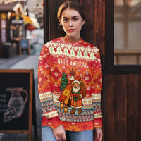Native American Christmas Ugly Christmas Sweater with Red & Orange Geometric Pattern Santa Claus and Teepee Motif - Wonder Print Shop