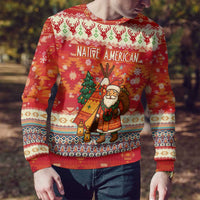 Native American Christmas Ugly Christmas Sweater with Red & Orange Geometric Pattern Santa Claus and Teepee Motif - Wonder Print Shop